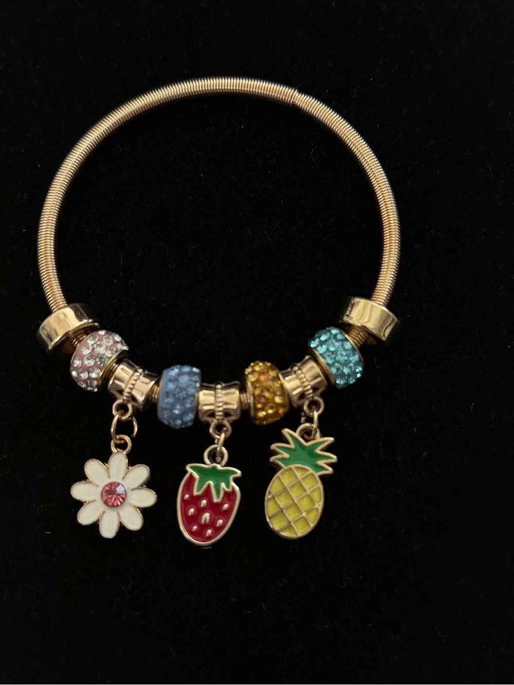 Gold Charm Bracelet with Colorful Beads and Fruit Dangles